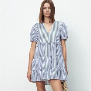 Zara Cotton Linen V Neck Striped Tiered Mini Dress